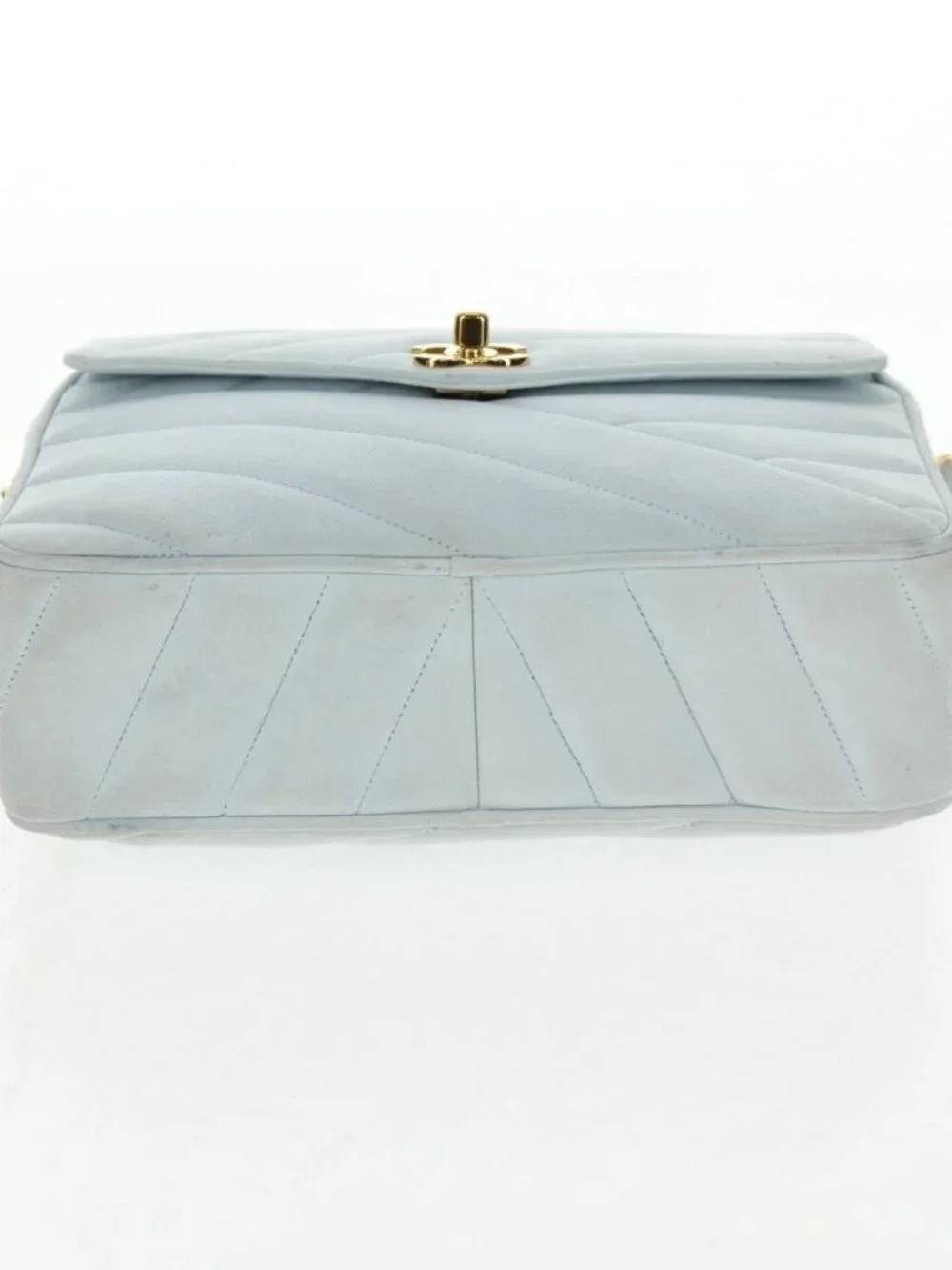 CHANEL Bias Stitch Chain Shoulder Bag Suede Light Blue Gold CC Auth 139935V